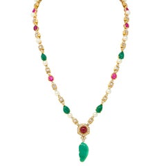 Van Cleef & Arpels 1970s Emerald Diamond Ruby 18K Yellow Gold Vintage Necklace